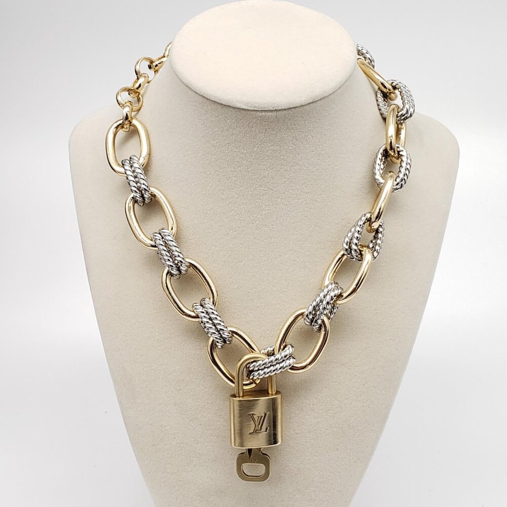 Authentic Louis Vuitton Gold Padlock 🔐 Pendant + 2 ToneFashionGeometry Necklace - Picture 8 of 9